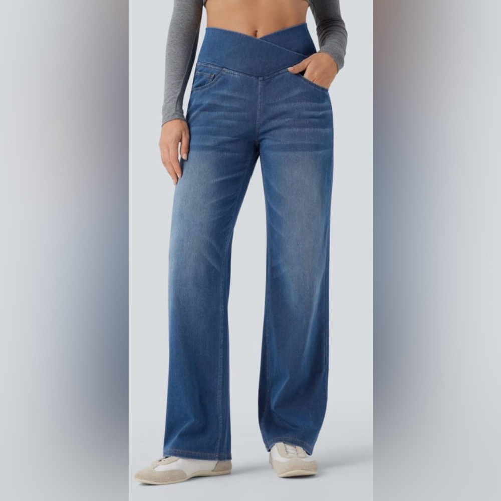 Halara Flex Crossover High Waisted Tummy Control Flare Wide Leg Jeans